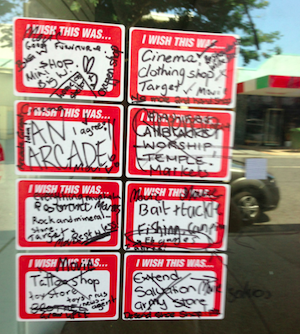 stickers on empty shops in Wynnum